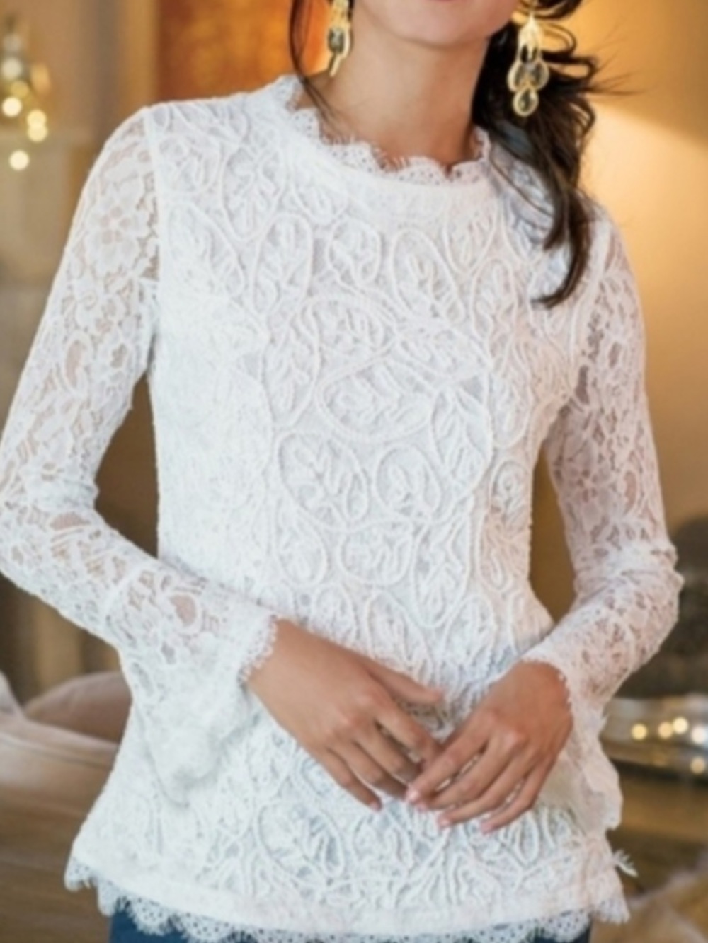 Soft Surroundings Lilith White Lace Blouse Boho Romantic Bell Sleeve Top XL NWT